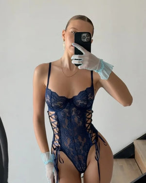 Navy Blue Lace-Up Lingerie Bodysuit with Stockings – Sexy for Bedroom & Boudoir - Witty Cheeks, Rave Festival Outfit and Sexy Lingerie