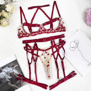 Harness Lingerie – Strappy Pink Embroidered Bra & Garter Set for Rave & Boudoir - Witty Cheeks, Rave Festival Outfit and Sexy Lingerie