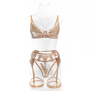 Lace Lingerie Set – 3-Piece Satin & Sheer Garter Outfit with Embroidered Floral Panels - Witty Cheeks, Rave Festival Outfit and Sexy Lingerie
