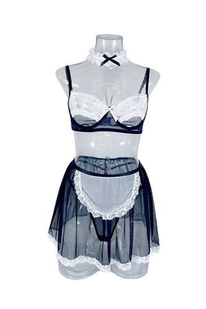 French Maid Costume Lingerie Set- Cosplay Sheer Mesh Roleplay - Witty Cheeks, Rave Festival Outfit and Sexy Lingerie