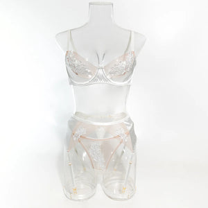 Lace Lingerie Set – 3-Piece Satin & Sheer Garter Outfit with Embroidered Floral Panels - Witty Cheeks, Rave Festival Outfit and Sexy Lingerie