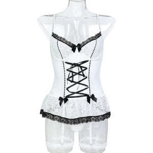 White Corset Lingerie Set – Lace-Up Bustier with Garters & Thong, Sexy Elegant - Witty Cheeks, Rave Festival Outfit and Sexy Lingerie