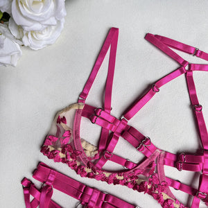 Harness Lingerie – Strappy Pink Embroidered Bra & Garter Set for Rave & Boudoir - Witty Cheeks, Rave Festival Outfit and Sexy Lingerie