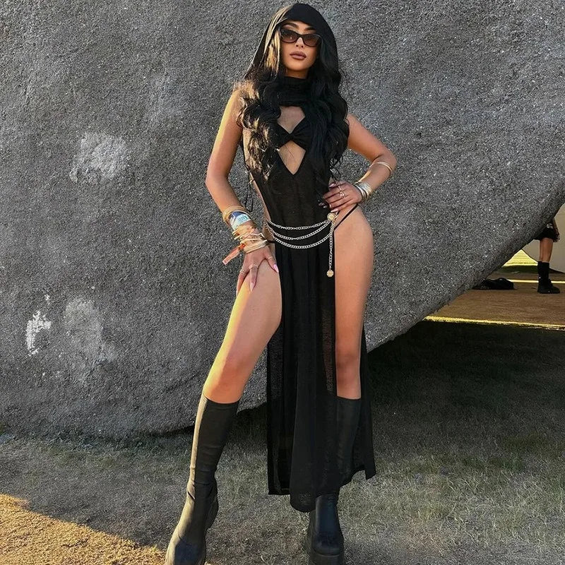 Gothic Hooded Dress Rave Festival outfit steampunk