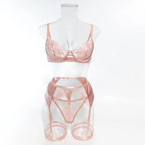 Lace Lingerie Set – 3-Piece Satin & Sheer Garter Outfit with Embroidered Floral Panels - Witty Cheeks, Rave Festival Outfit and Sexy Lingerie
