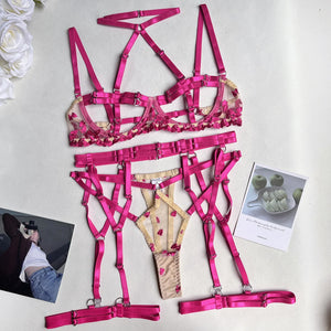 Harness Lingerie – Strappy Pink Embroidered Bra & Garter Set for Rave & Boudoir - Witty Cheeks, Rave Festival Outfit and Sexy Lingerie