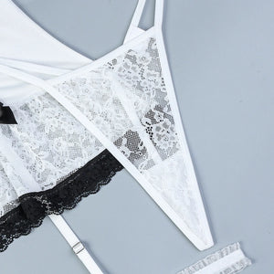 White Corset Lingerie Set – Lace-Up Bustier with Garters & Thong, Sexy Elegant - Witty Cheeks, Rave Festival Outfit and Sexy Lingerie