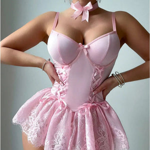 Pink Corset Lingerie Set 5-Piece Lace Dress for Boudoir & Costume - Witty Cheeks, Rave Festival Outfit and Sexy Lingerie