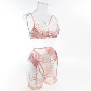Lace Lingerie Set – 3-Piece Satin & Sheer Garter Outfit with Embroidered Floral Panels - Witty Cheeks, Rave Festival Outfit and Sexy Lingerie