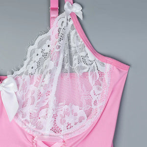 Pink Lace Corset Lingerie Dress Set with Stockings – Coquette-Inspired Babydoll - Witty Cheeks, Rave Festival Outfit and Sexy Lingerie