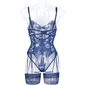 Navy Blue Lace-Up Lingerie Bodysuit with Stockings – Sexy for Bedroom & Boudoir - Witty Cheeks, Rave Festival Outfit and Sexy Lingerie