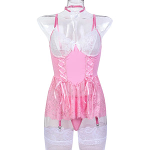 Pink Lace Corset Lingerie Dress Set with Stockings – Coquette-Inspired Babydoll - Witty Cheeks, Rave Festival Outfit and Sexy Lingerie