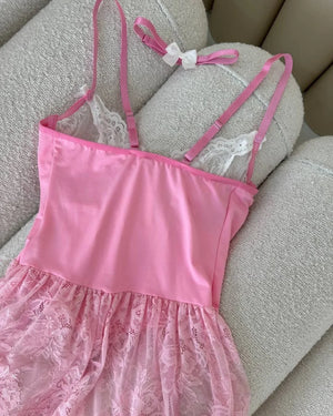 Pink Lace Corset Lingerie Dress Set with Stockings – Coquette-Inspired Babydoll - Witty Cheeks, Rave Festival Outfit and Sexy Lingerie