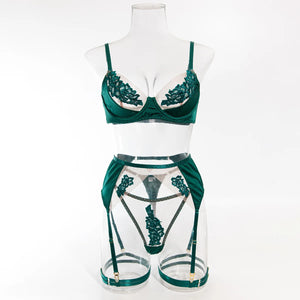 Lace Lingerie Set – 3-Piece Satin & Sheer Garter Outfit with Embroidered Floral Panels - Witty Cheeks, Rave Festival Outfit and Sexy Lingerie