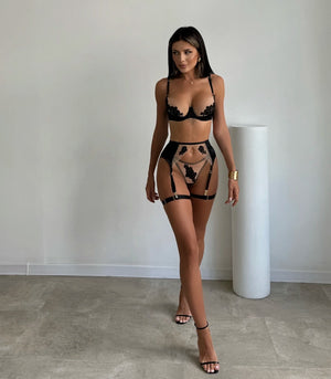 Lace Lingerie Set – 3-Piece Satin & Sheer Garter Outfit with Embroidered Floral Panels - Witty Cheeks, Rave Festival Outfit and Sexy Lingerie