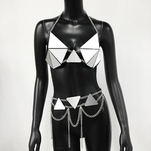 Mirror Triangle Rave outfit– Reflective PU Leather Set with Chains - Witty Cheeks, Rave Festival Outfit and Sexy Lingerie