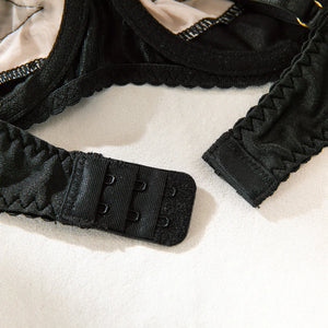 Lace Lingerie Set – 3-Piece Satin & Sheer Garter Outfit with Embroidered Floral Panels - Witty Cheeks, Rave Festival Outfit and Sexy Lingerie