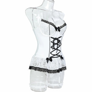 White Corset Lingerie Set – Lace-Up Bustier with Garters & Thong, Sexy Elegant - Witty Cheeks, Rave Festival Outfit and Sexy Lingerie