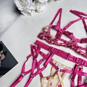 Harness Lingerie – Strappy Pink Embroidered Bra & Garter Set for Rave & Boudoir - Witty Cheeks, Rave Festival Outfit and Sexy Lingerie