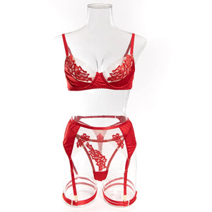 Lace Lingerie Set – 3-Piece Satin & Sheer Garter Outfit with Embroidered Floral Panels - Witty Cheeks, Rave Festival Outfit and Sexy Lingerie