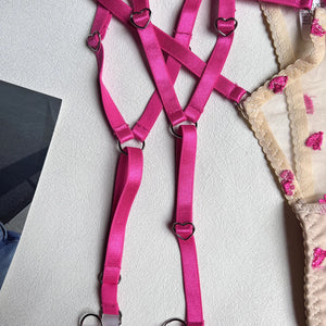 Harness Lingerie – Strappy Pink Embroidered Bra & Garter Set for Rave & Boudoir - Witty Cheeks, Rave Festival Outfit and Sexy Lingerie