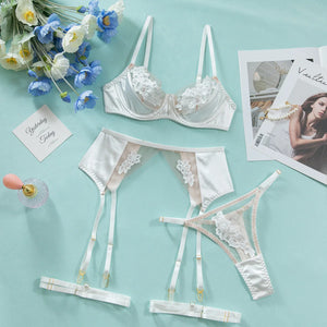 Lace Lingerie Set – 3-Piece Satin & Sheer Garter Outfit with Embroidered Floral Panels - Witty Cheeks, Rave Festival Outfit and Sexy Lingerie