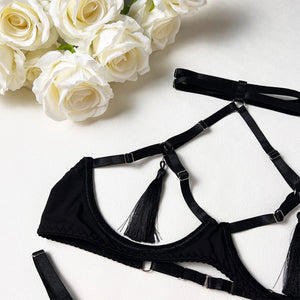 Tease Tamer Tassel Lingerie Set –Crotchless Strappy Open Bra Lingerie Rave, Boudoir & Wild Nights In - Witty Cheeks, Rave Festival Outfit and Sexy Lingerie