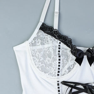 White Corset Lingerie Set – Lace-Up Bustier with Garters & Thong, Sexy Elegant - Witty Cheeks, Rave Festival Outfit and Sexy Lingerie