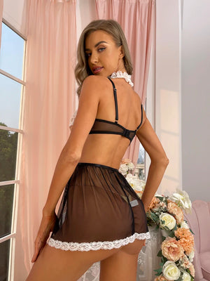 French Maid Costume Lingerie Set- Cosplay Sheer Mesh Roleplay - Witty Cheeks, Rave Festival Outfit and Sexy Lingerie