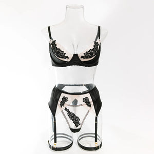 Lace Lingerie Set – 3-Piece Satin & Sheer Garter Outfit with Embroidered Floral Panels - Witty Cheeks, Rave Festival Outfit and Sexy Lingerie