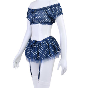 Polka Dot Lingerie Set – 5-Piece Off-Shoulder Top, Skirt, Thong & Stockings, Romantic & Exotic Intimate Gift - Witty Cheeks, Rave Festival Outfit and Sexy Lingerie