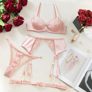 Lace Lingerie Set – 3-Piece Satin & Sheer Garter Outfit with Embroidered Floral Panels - Witty Cheeks, Rave Festival Outfit and Sexy Lingerie