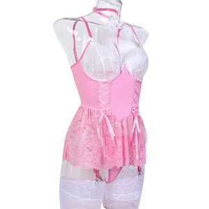 Pink Lace Corset Lingerie Dress Set with Stockings – Coquette-Inspired Babydoll - Witty Cheeks, Rave Festival Outfit and Sexy Lingerie