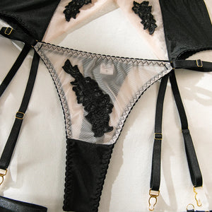 Lace Lingerie Set – 3-Piece Satin & Sheer Garter Outfit with Embroidered Floral Panels - Witty Cheeks, Rave Festival Outfit and Sexy Lingerie