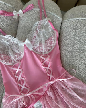 Pink Lace Corset Lingerie Dress Set with Stockings – Coquette-Inspired Babydoll - Witty Cheeks, Rave Festival Outfit and Sexy Lingerie