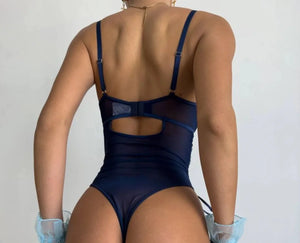 Navy Blue Lace-Up Lingerie Bodysuit with Stockings – Sexy for Bedroom & Boudoir - Witty Cheeks, Rave Festival Outfit and Sexy Lingerie
