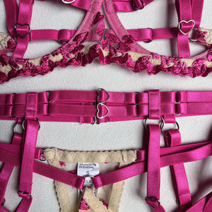 Harness Lingerie – Strappy Pink Embroidered Bra & Garter Set for Rave & Boudoir - Witty Cheeks, Rave Festival Outfit and Sexy Lingerie