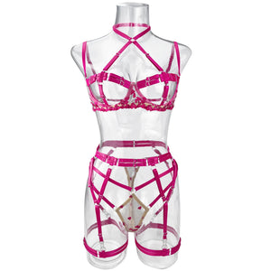 Harness Lingerie – Strappy Pink Embroidered Bra & Garter Set for Rave & Boudoir - Witty Cheeks, Rave Festival Outfit and Sexy Lingerie