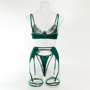 Lace Lingerie Set – 3-Piece Satin & Sheer Garter Outfit with Embroidered Floral Panels - Witty Cheeks, Rave Festival Outfit and Sexy Lingerie