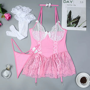 Pink Lace Corset Lingerie Dress Set with Stockings – Coquette-Inspired Babydoll - Witty Cheeks, Rave Festival Outfit and Sexy Lingerie