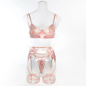 Lace Lingerie Set – 3-Piece Satin & Sheer Garter Outfit with Embroidered Floral Panels - Witty Cheeks, Rave Festival Outfit and Sexy Lingerie
