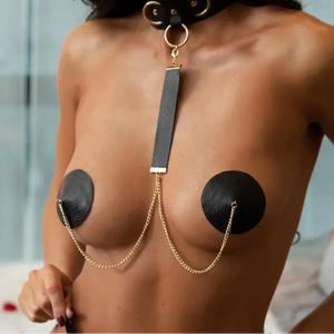 Chain Collar & Pasties Set – Bold Black & Gold Body Accessory - Witty Cheeks, Rave Festival Outfit and Sexy Lingerie