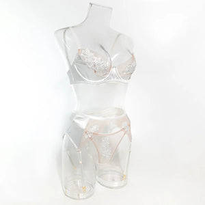 Lace Lingerie Set – 3-Piece Satin & Sheer Garter Outfit with Embroidered Floral Panels - Witty Cheeks, Rave Festival Outfit and Sexy Lingerie