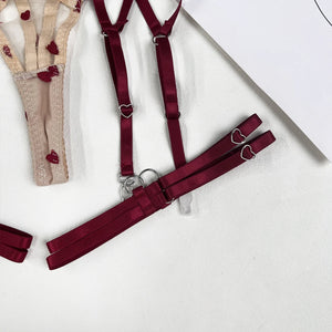 Harness Lingerie – Strappy Pink Embroidered Bra & Garter Set for Rave & Boudoir - Witty Cheeks, Rave Festival Outfit and Sexy Lingerie