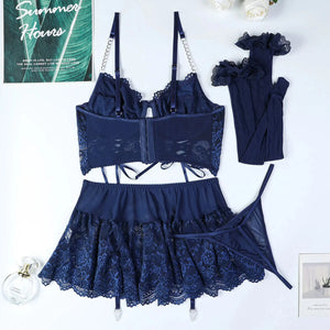 Navy Blue Lace Lingerie Set, with Garter Belt, Bra, Sheer skirt and stocking, Gift for her| Valentine's Day idea for wife girlfriend set - Witty Cheeks, Rave Festival Outfit and Sexy Lingerie