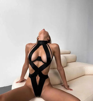 Rave Festival Outfit Sexy Strappy Striped Bodysuit - One Piece Open Bust Underwire, Valentine Gift for her Jumpsuit Women | Valentine's Day idea wife, girlfriend - Witty Cheeks, Rave Festival Outfit and Sexy Lingerie