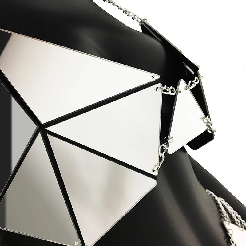 Mirror Triangle Rave outfit– Reflective PU Leather Set with Chains - Witty Cheeks, Rave Festival Outfit and Sexy Lingerie