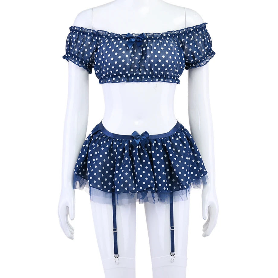 Polka Dot Lingerie Set – 5-Piece Off-Shoulder Top, Skirt, Thong & Stockings, Romantic & Exotic Intimate Gift - Witty Cheeks, Rave Festival Outfit and Sexy Lingerie