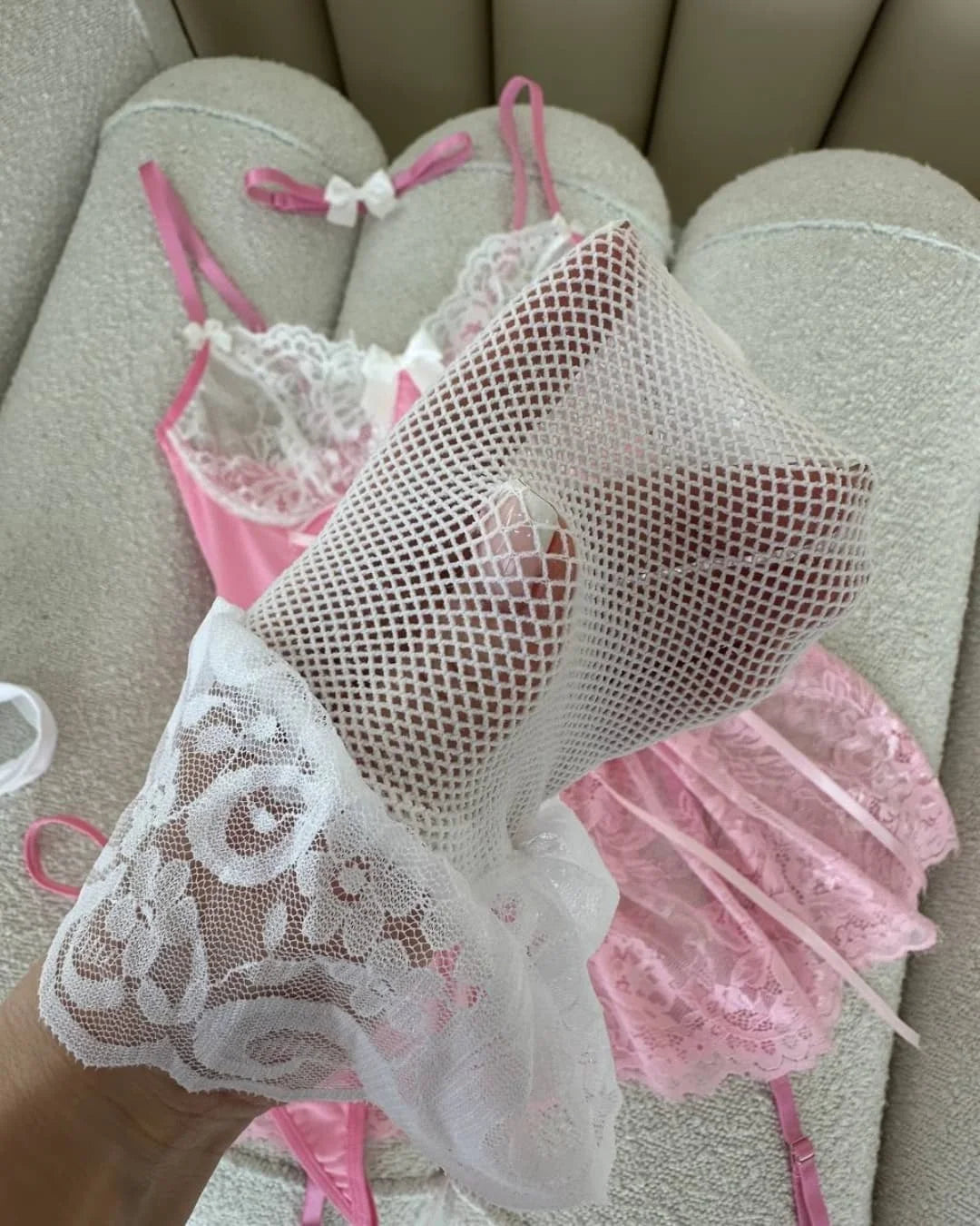 Pink Lace Corset Lingerie Dress Set with Stockings – Coquette-Inspired Babydoll - Witty Cheeks, Rave Festival Outfit and Sexy Lingerie