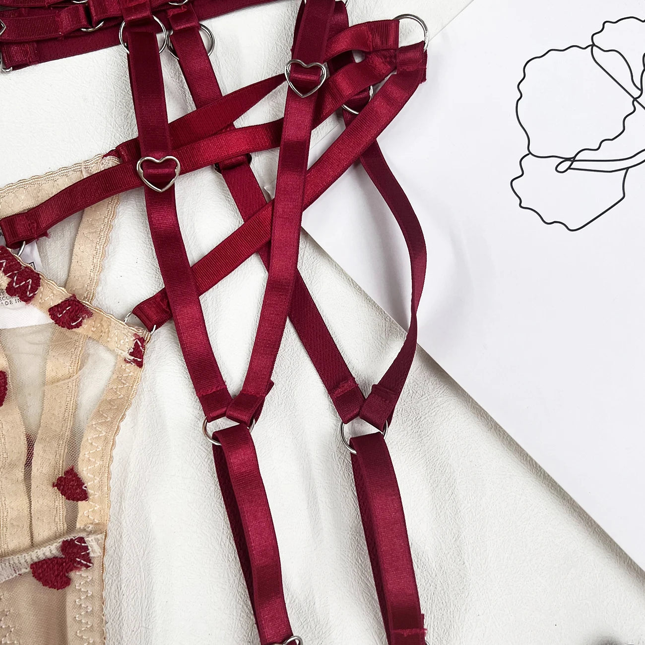 Harness Lingerie – Strappy Pink Embroidered Bra & Garter Set for Rave & Boudoir - Witty Cheeks, Rave Festival Outfit and Sexy Lingerie